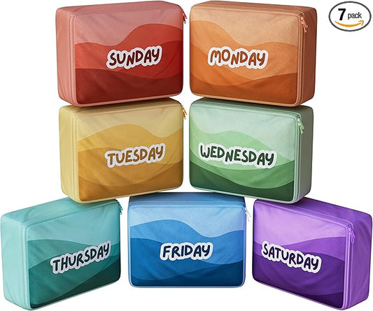 Packing Cubes for Kids & Baby Days of the Week 7 Set Daily Outfit Suitcase Organizers for Boys and Girls Summer Camp, Crui...
