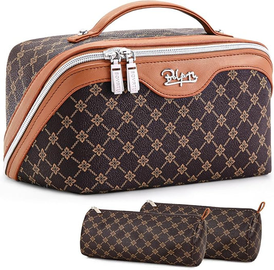 BOYATU Travel Makeup Bag Cosmetic Bags for Women: 3 Pcs Set Large Portable Make up Bag with Handle - Vegan Leather Toiletr...