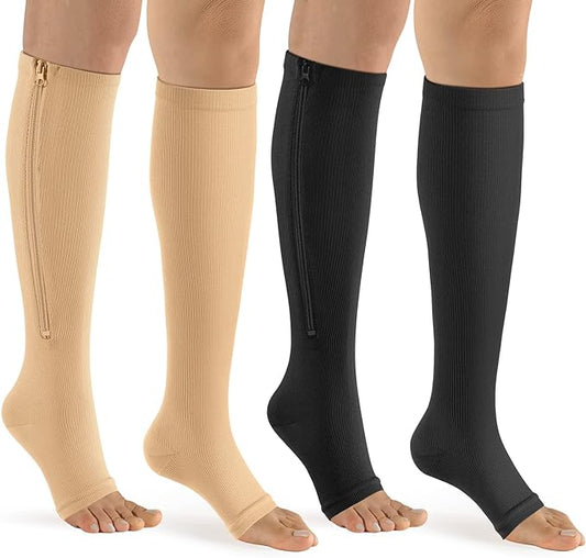 bropite Zipper Compression Socks Women & Men - 2Pairs Calf Knee High 15-20mmHg Open Toe Compression Stocking suit for Walking
