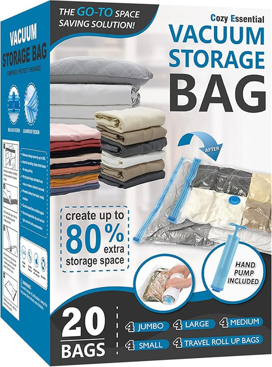 Cozy Essential 20 Pack Vacuum Storage Bags, Space Saver Bags (4 Jumbo/4 Large/4 Medium/4 Small/4 Roll) Compression for Com...