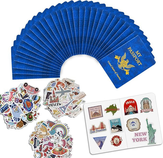Llamau 30 Pcs Blank Passport Notebook 300pcs Travel Journal Stickers Fake Passport for Kids 5.5x 3.9Inch Blue Passport Boo...