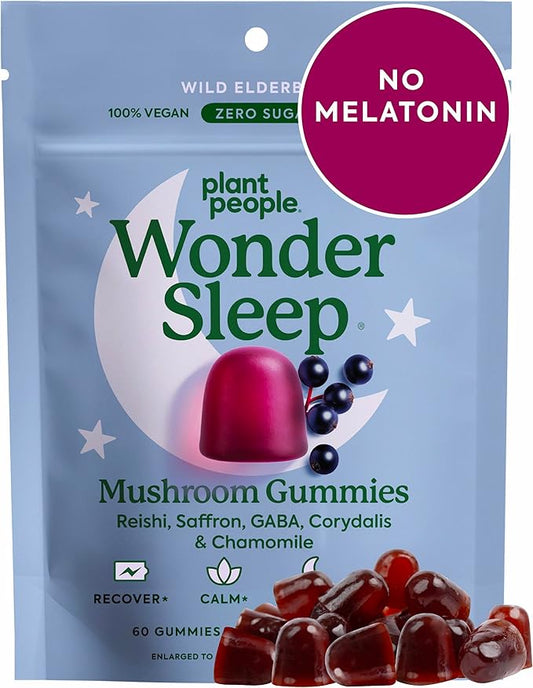 Plant People WonderSleep Mushroom Gummies Supplement for Sleep, No Melatonin with Reishi Super Mushrooms, Wild Elderberry ...