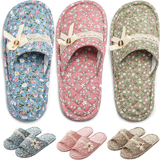3 Pairs Floral Cotton House Slippers for Women, Open Toe Indoor Slippers Comfortable Washable Portable Foldable Guest Trav...