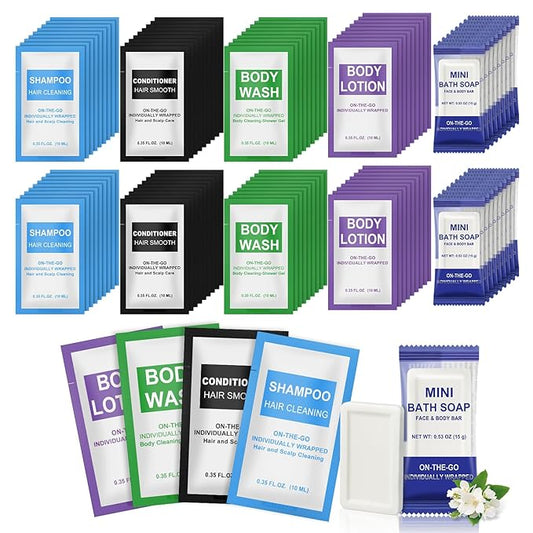 10 Pcs 5-IN-1 Hotel Soaps and Toiletries Bulk Set,5-Piece Set 0.35 oz each Packets Shampoo,Conditioner, Body Wash and Loti...