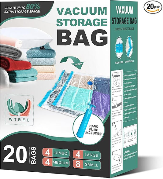 WTREE 20 Pack Vacuum Storage Bags, Space Saver Bags, Vacuum Sealed Bags for Comforters, Blankets, Clothes Storage, Hand Pu...