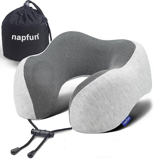 napfun Neck Pillow for Traveling, Upgraded Travel Neck Pillow for Airplane 100% Pure Memory Foam Travel Pillow for Flight ...