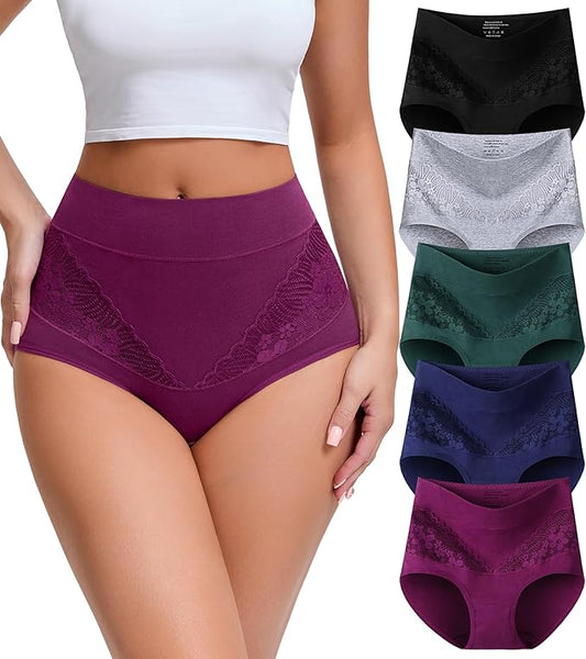 JUYINA Womens Cotton High Waisted Underwear Comfort Panties 5 Pack Briefs