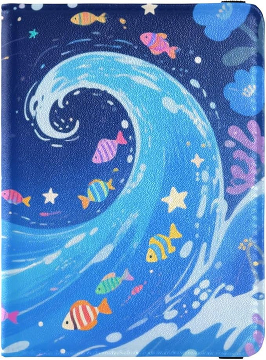 Waves and Colorful Fish Leather Passport and Vaccine Card Holder Combo Travel Documents Organizer Protector Passport Holde...