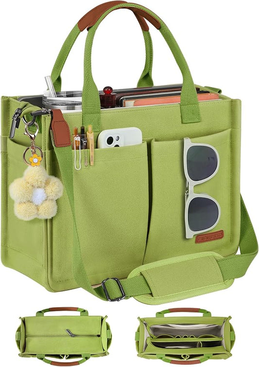 FIORETTO Womens Canvas Tote Bag Purse with Individual Compartment, Zipper Top, Reinforced Bottom & Luggage Sleeve