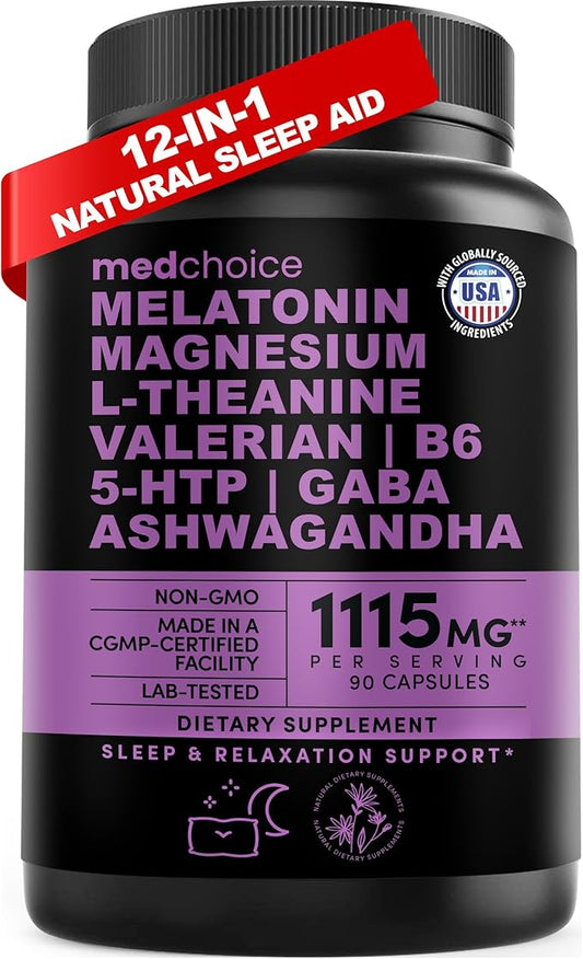 12-in-1 Melatonin Sleep Capsules - Natural Sleep Aids for Adults with Melatonin 5mg and Magnesium Glycinate 500mg, Sleep A...