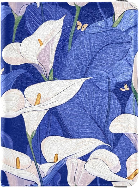 Calla Lily Blue Pattern Leather Passport and Vaccine Card Wallet Combo Passport Case Travel Documents Wallet Passport Hold...