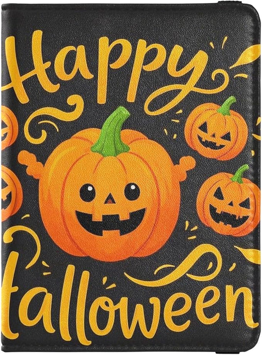 Happy Halloween Cartoon Cute Yellow Pumpkin Leather Passport and Vaccine Card Holder Combo Travel Passport Wallet Passport...