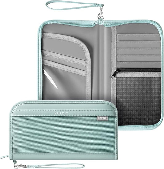 VULKIT Passport Wallet Passport Family Holder RFID Blocking Travel Card Organizer with Wrist Strap for Men or Women(Green)