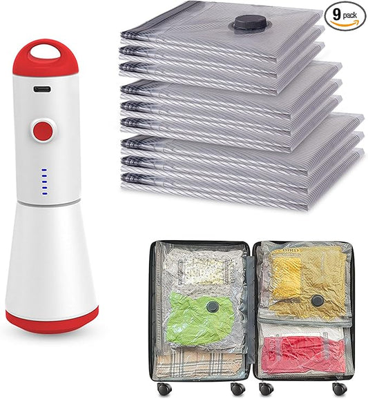 Travel Vacuum Storage Bags with Rechargeable USB Pump, 9 Pack Carry-On Size Compression Packing Bags for Luggage and Suitc...