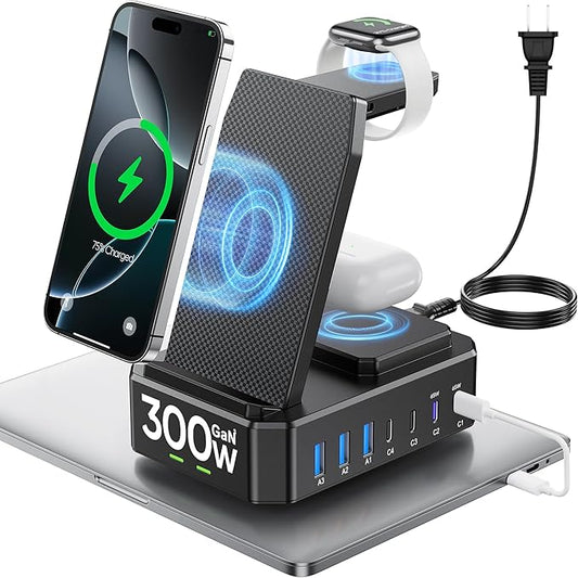 300W Charging Station for Multiple Devices Apple,10 in 1 Wireless Charger for iPhone,GaN III USB C 65W PD Fast Charging St...