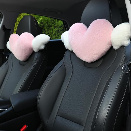 2 Pack Heart Shaped Cute Car Headrest Pillow with Angel Wings - Comfortable Soft Head Rest Cushion Kawaii Car Accessories ...