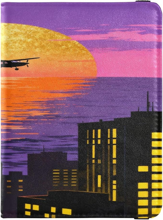 Sunset Cityscape with Airplane Leather Passport and Vaccine Card Holder Combo Passport Case Travel Documents Wallet Passpo...