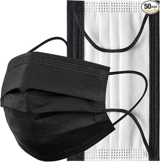 Assacalynn Disposable Face Masks 4 Layers, 2023 Upgraded 50PCS Black Mask with White Inside, Breathable Face Mask with Com...