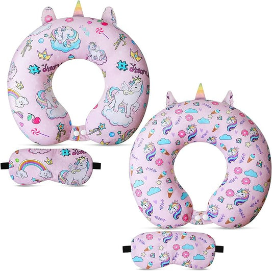 Thyle 2 Set Unicorn Neck Travel Pillow for Kids and Eye Mask Lightweight Travelling Sleeping Pillow Set for Airplane, Car,...