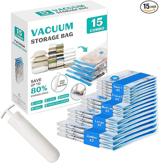 ZOESTORAGE 15 Pack Vacuum Seal Bags for Clothing &Travel, Space Saver Vacuum Storage Bags for Blankets,Luggage,Clothes,Com...