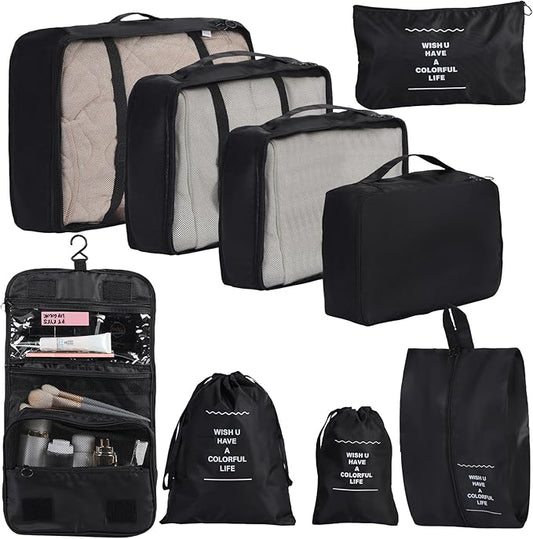 9 Set/7 Set/11 Set Packing Cubes for Travel Essentials, Suitcase Organizer Bags for Airplane Road Trip Camp - Black