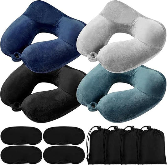Sintuff 4 Sets Inflatable Travel Pillows for Airplanes with Compact Bag and Blindfold Velvet Inflatable Neck Pillow for Tr...