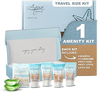 1-Shoppe Aqua Organics Amenity Kit | Boxed Hotel Toiletries Bulk Set | 1 oz Shampoo, Conditioner, Lotion, Body Wash & Bar ...