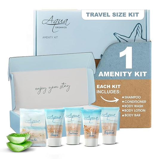 1-Shoppe Aqua Organics Amenity Kit | Boxed Hotel Toiletries Bulk Set | 1 oz Shampoo, Conditioner, Lotion, Body Wash & Bar ...