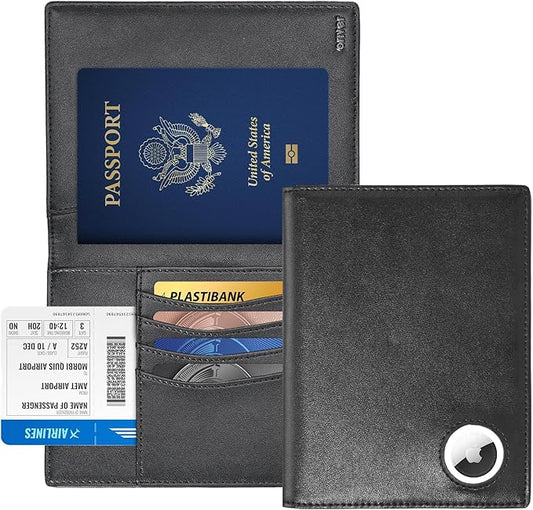 Passport Wallet With Airtag for Travel, Leather Passport Holder for Men and Women, RFID Blocking Bifold Passport Cover Wit...
