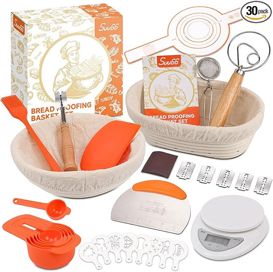 30-Pcs Sourdough Bread Baking Supplies - Sourdough Starter Kit | Including 9 inch Round and 10 inch Oval Banneton Proofing...