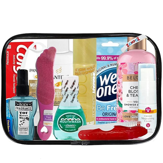 Womens Travel Toiletry Kit, 10 Travel-Size Hygiene Essentials for Bath, Shaving, Personal Care in TSA-Compliant Transparen...