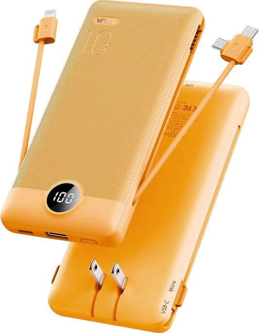 VRURC Portable Charger Built-in Cables and AC Wall Plug, USB C Power Bank 10000mAh, Travel Battery Phone Charger Compact L...