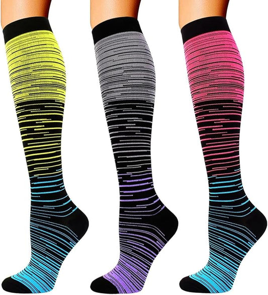 Double Couple 3 Pairs Compression Socks for Women Men 20-30mmhg Knee High Stocking for Sports Running Travel Nurses