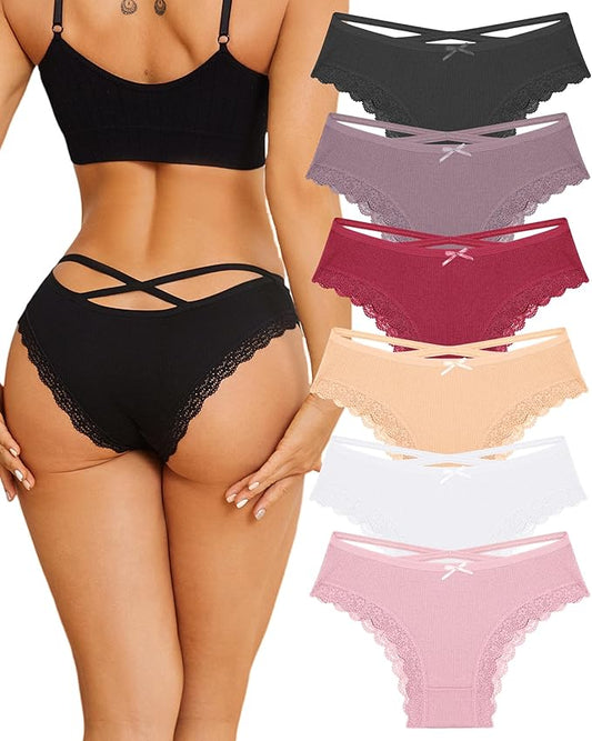 ALL OF ME Women Cotton Underwear Sexy Criss Cross Lace Trim Low Rise Cheeky Bikini Panties 6 Pack