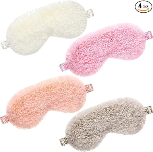 4 Pieces Plush Eye Mask Silk Furry Sleep Masks Comfortable Blindfold Eye Cover Colorful Satin Night Eyeshade Cover for Wom...
