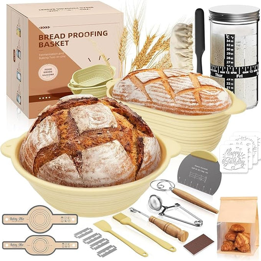 30 Pcs Sourdough Starter Kit,MQFORU Sourdough Bread Baking Supplies with 10" Round & 10" Oval baskets,Silicone Sourdough B...