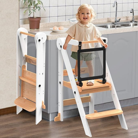 Foldable Toddler Tower, Toddler Kitchen Stool Helper with Safety Net, Wooden Kitchen Step Stool for Toddlers with Adjustab...