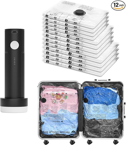 SUOCO Travel Vacuum Bags with Portable Electric Pump, 12 Combo (4L/4M/4S) Compression Packing Seal Cubes for Clothing Suit...