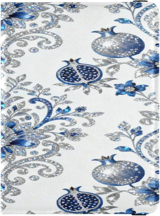 Blue White Pomegranate Pattern Leather Passport and Vaccine Card Holder Combo Travel Passport Wallet Passport Holder Combo...