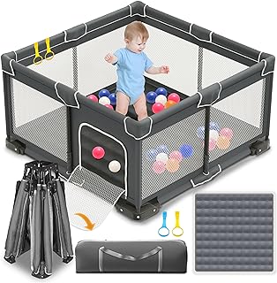 ICAREWAY Foldable Playpen for Babies and Toddlers, 50x50 Inches Portable Playpen, Kids Collapsible Play Pen with 2 Handler...