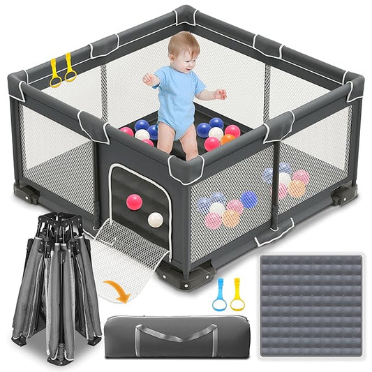 ICAREWAY Foldable Playpen for Babies and Toddlers, 50x50 Inches Portable Playpen, Kids Collapsible Play Pen with 2 Handler...
