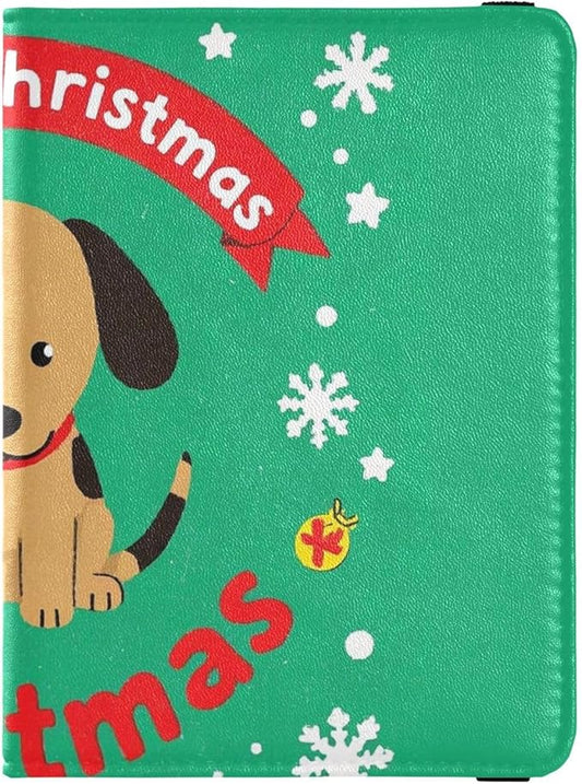 Merry Christmas Cartoon Brown Dog Leather Passport and Vaccine Card Holder Combo Passport Case Travel Documents Wallet Pas...