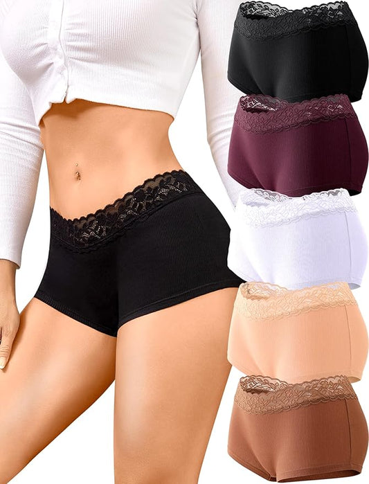 FINETOO Cotton Underwear for Women Boy Shorts Lace Boxer Briefs Soft Full Coverage Womens Panties 5 Pack S-XXL
