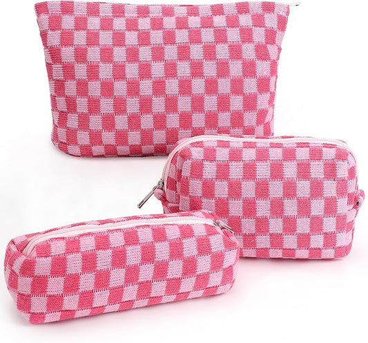 3 Pcs Makeup Bag Cosmetic Bag Set for Girls Women Checkered Travel Organizer Bathroom Toiletry Pouch Large Capacity Storag...