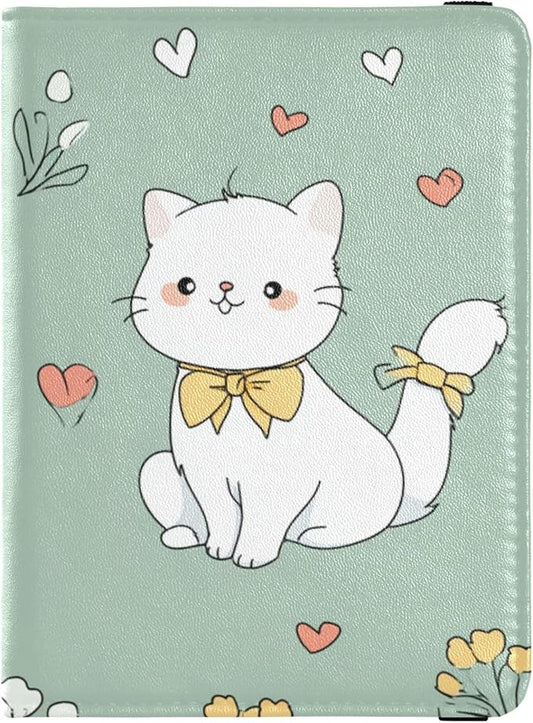 Cute White Cat with Yellow Flowers Passport and Vaccine Card Holder Combo Passport Holder with Vaccine Card Slot, PU Leath...