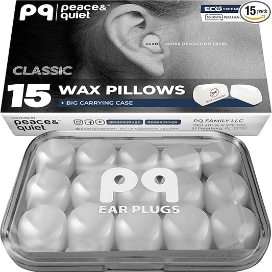 Peace&Quiet PQ Wax Ear Plugs for Sleeping, Swimming - 15 Soft Noise Cancelling Silicone Gel Wax Earplugs for Sleep and Swi...