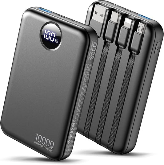 HAIARA Portable Charger 10000mAh Power Bank with 4 Built-in Cables,LED Display Compact and Battery Pack with Multiple USB ...