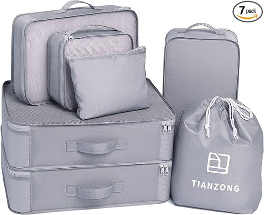 TianZong 7-piece Set Packing Cubes, Travel Bags for Luggage, Packing Organizers with Shoe Bag (Grey)
