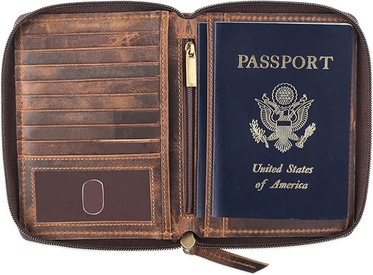 Passport Wallet - Travel Document Holder w/RFID Blocking – Full Grain Leather – Bifold compact zip around Wallet with Cred...