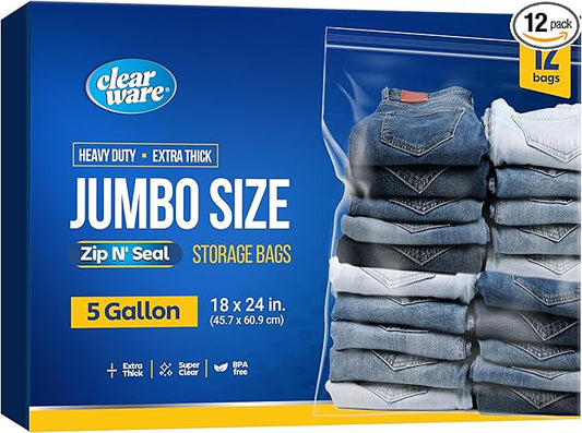 12 Large Storage Bags With Zipper Top - 5 Gallon Bags 18" x 24", Extra Large Plastic for Clothes, Travel, Moving, Large Re...